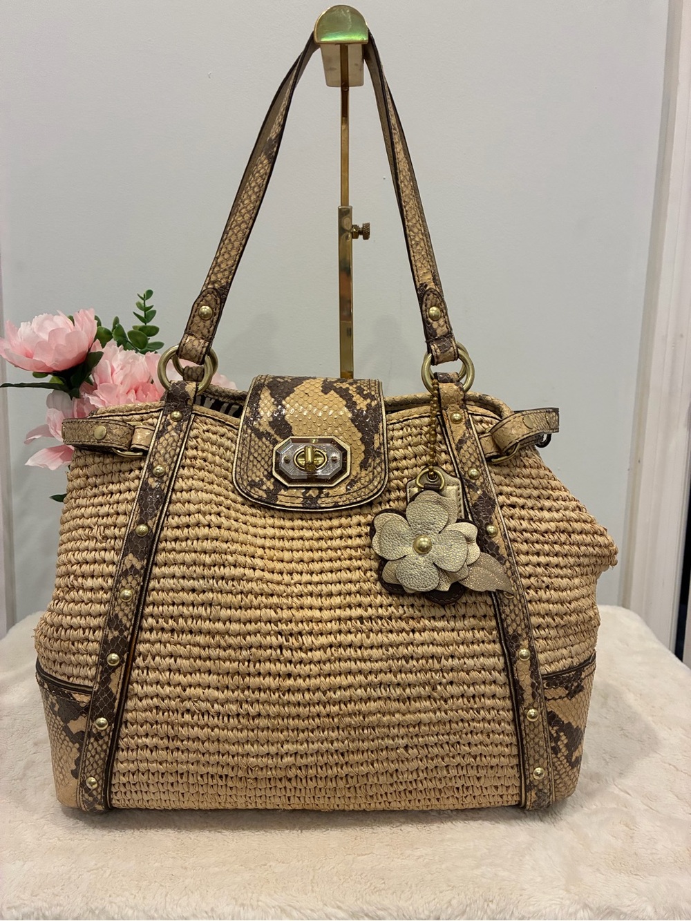 Coach Hampton Natalie 16839 Straw Raffia Tote with Python Trim and Floral Charm